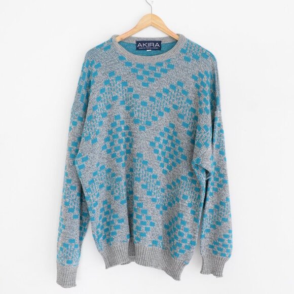 VTG '90S Akira Gray Teal Block Pattern Eclectic Grandpa Knit Crew Neck Sweater L - Picture 1 of 12